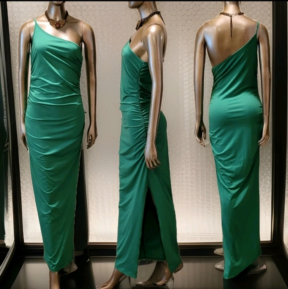 NWT Sexy Green One Shoulder Ruched Sides Split Thigh Maxi Dress Sz M - Picture 13 of 14